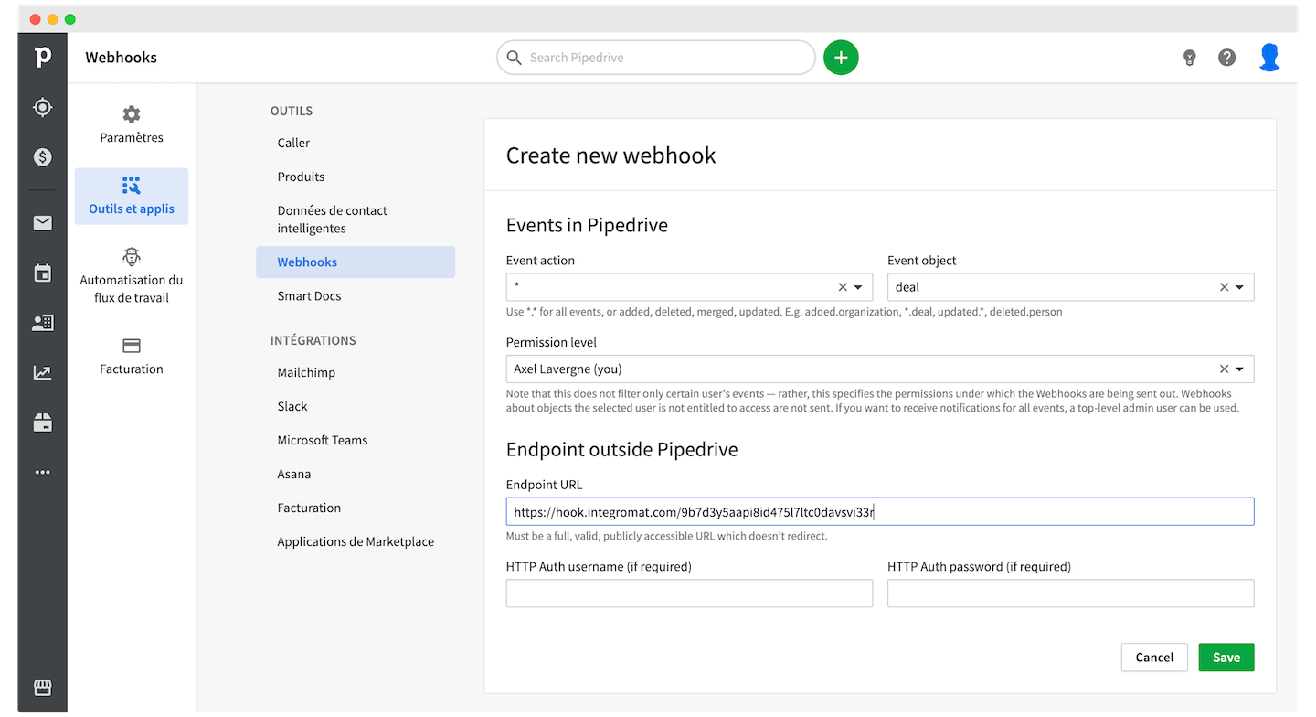 Screenshot showing how to create a new webhook in Pipedrive.