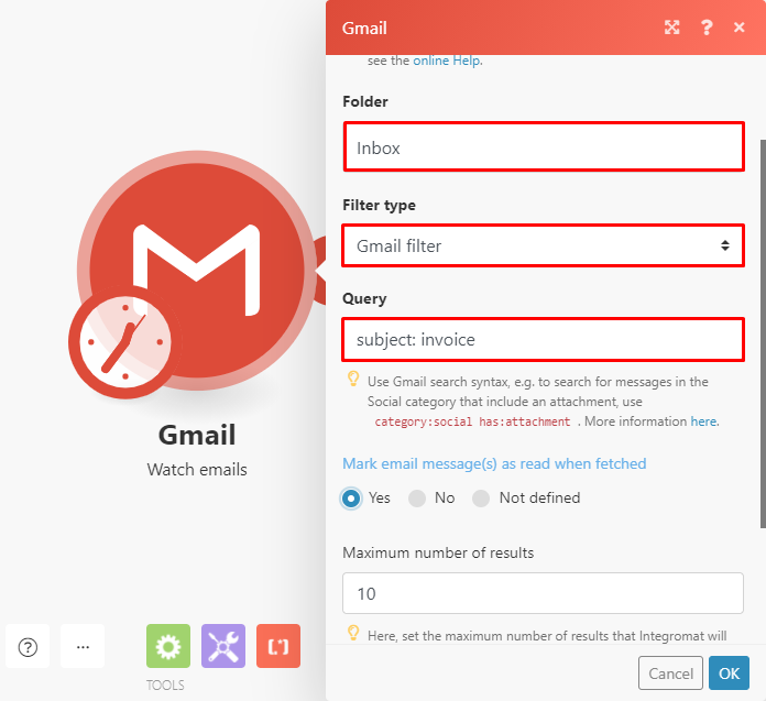 Gmail Watch Emails module configuration