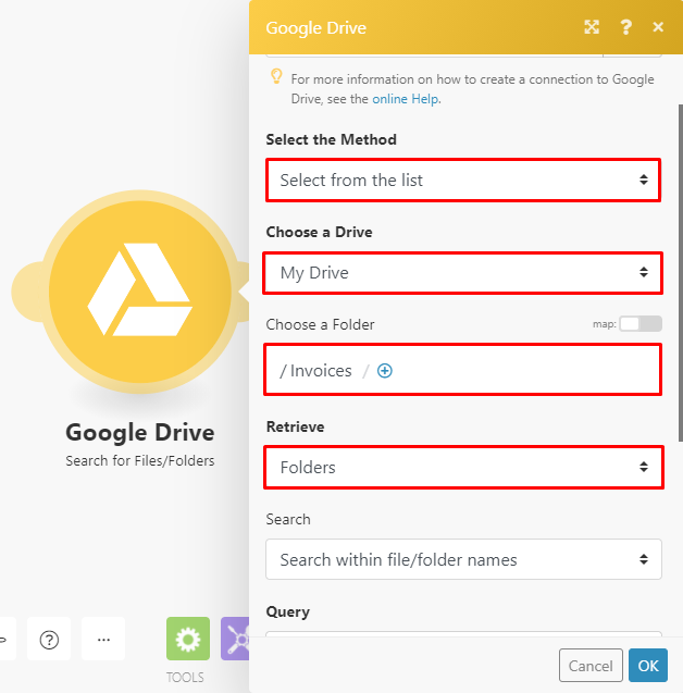 Google Drive Search for files/folders module configuration part 1