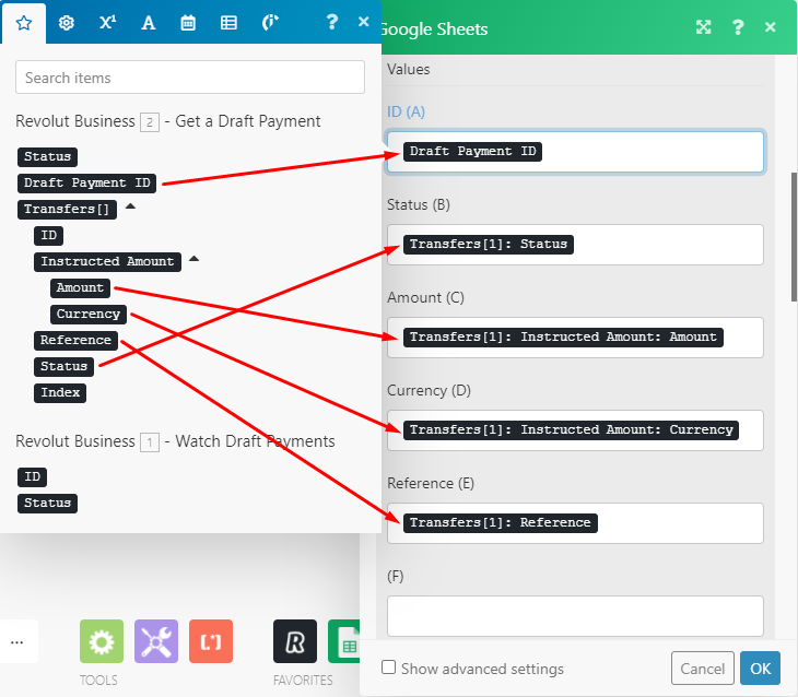 Screenshot of mapping Revolut data to Google Sheets columns