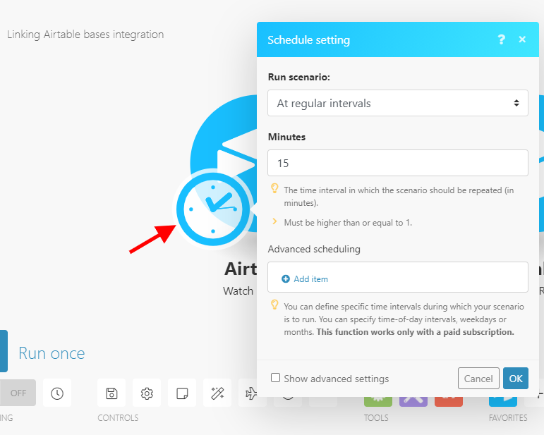 Scheduling the Make.com Airtable scenario