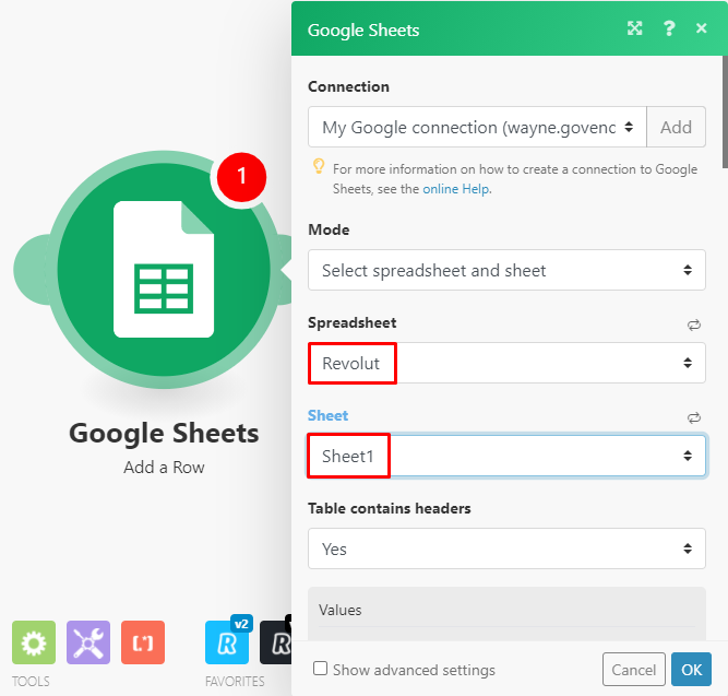 Screenshot of configuring the Google Sheets module