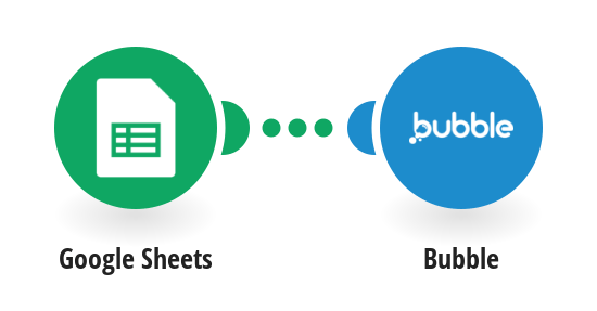 Diagram showing Google Sheets connected to Bubble via Make.com for data integration.