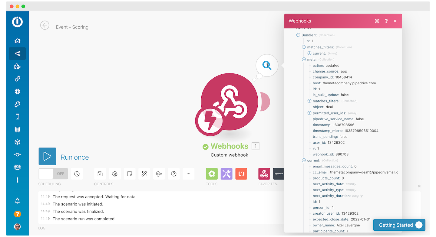 Screenshot of a Pipedrive webhook triggering a Make.com scenario.