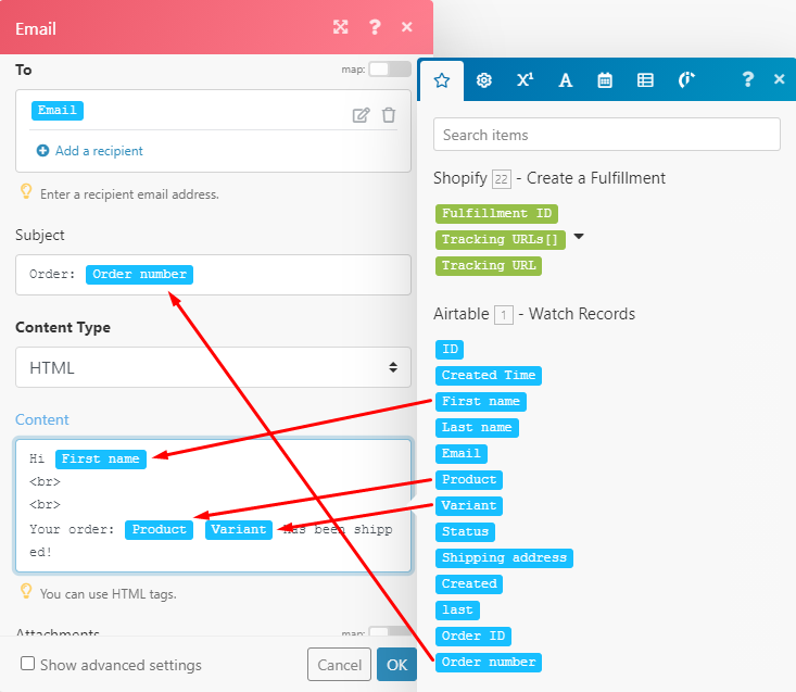 Setting up email content in Make.com