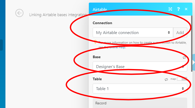 Completing the 'Create a record' Airtable configuration