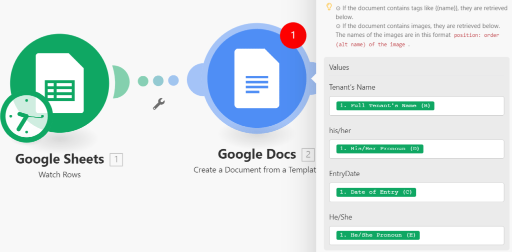 Make.com scenario showing Google Sheets 'Watch Rows' connected to Google Docs 'Create a Document from a Template'.