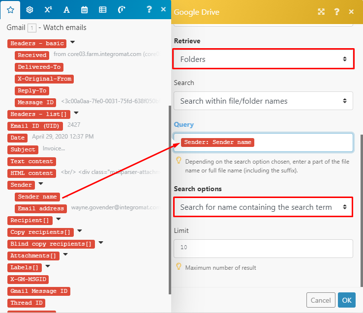 Google Drive Search for files/folders module configuration part 2