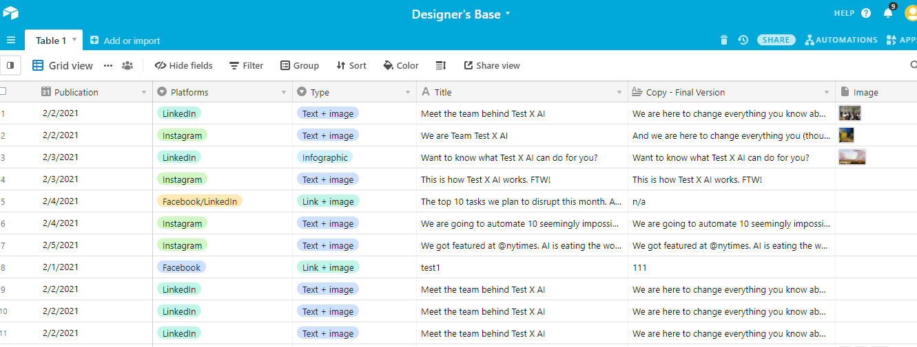 Simplified content calendar Airtable base