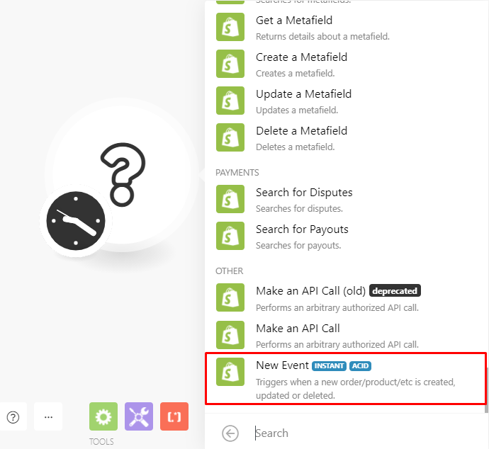 Shopify 'New events' module in Make.com