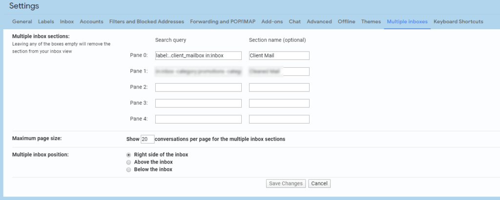 Gmail multiple inboxes configuration screen