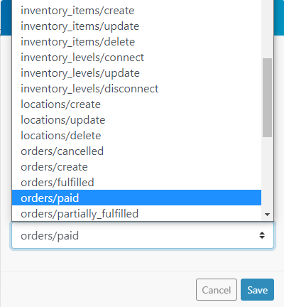 Selecting 'orders/paid' event in Shopify