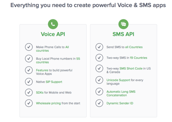 Plivo dashboard showing options for voice calls, SMS, and number management