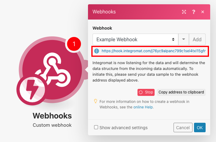 Generated webhook URL in Make.com