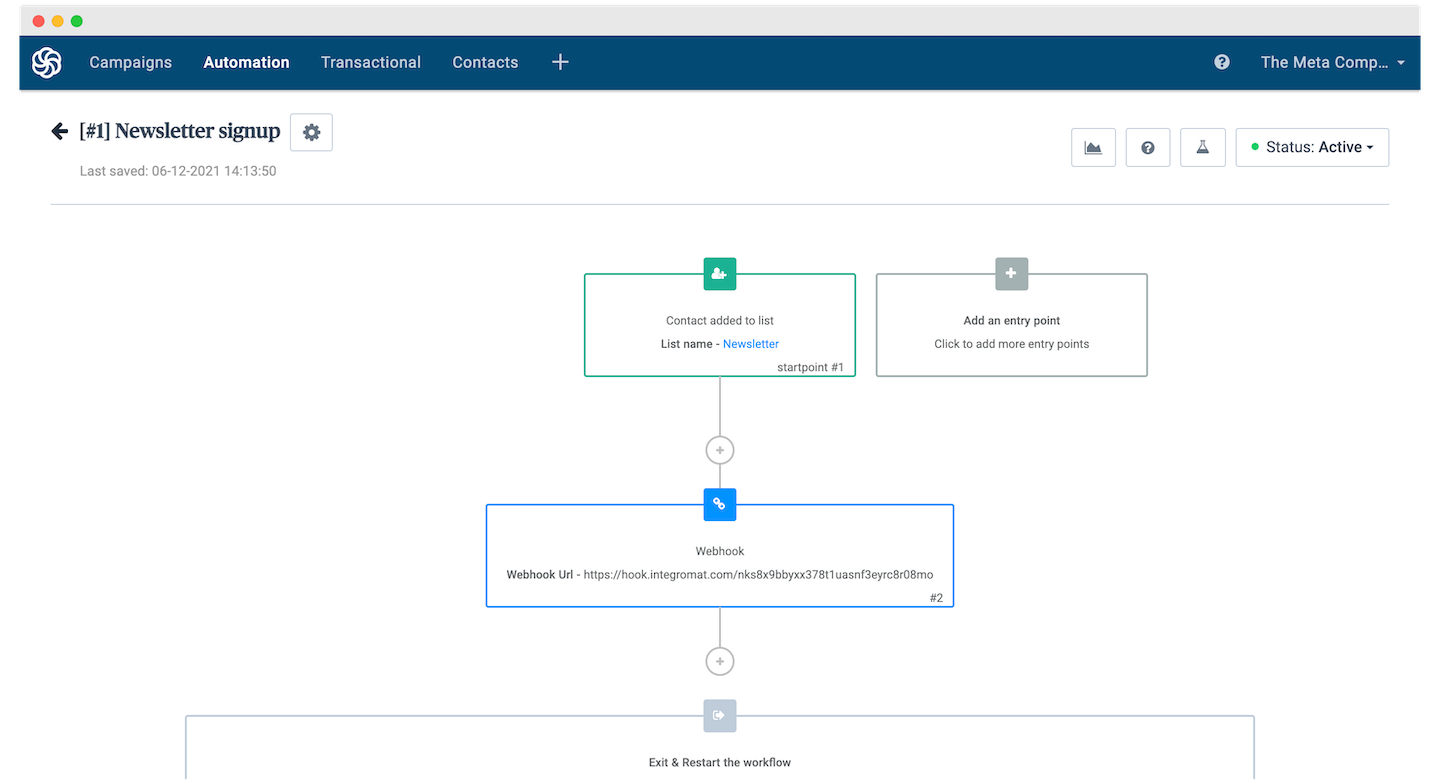 Screenshot showing a Sendinblue contact being added to a newsletter, triggering a Make.com scenario.