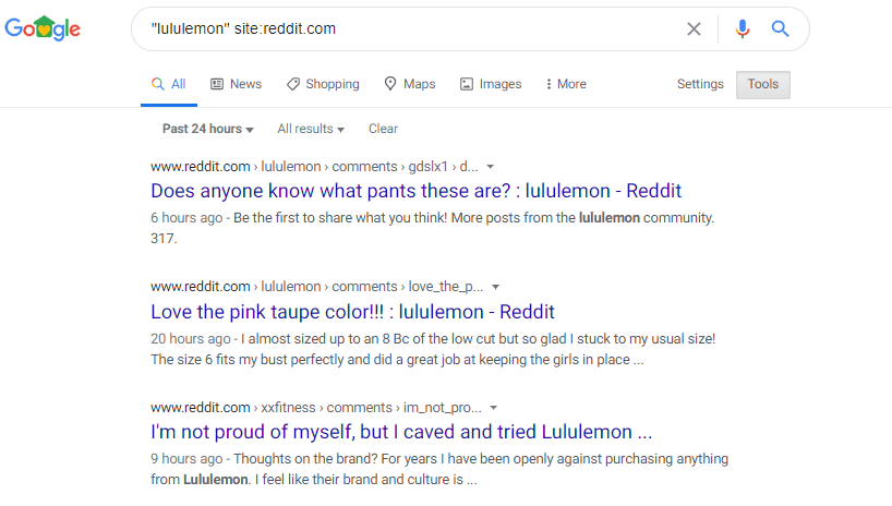 Example of refined Google search for Reddit mentions