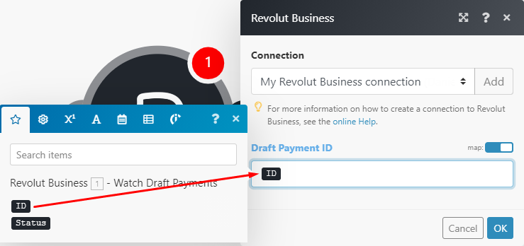 Screenshot of mapping the Draft Payment ID field