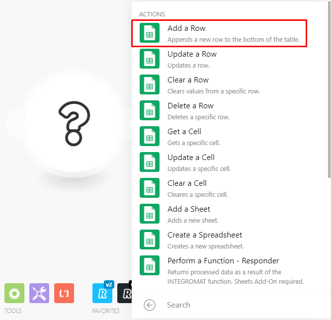 Screenshot of adding the Google Sheets 'Add a row' module
