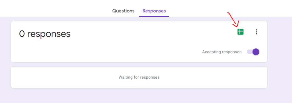Screenshot showing the 'Responses' tab in Google Forms with the option to create a Google Sheet.