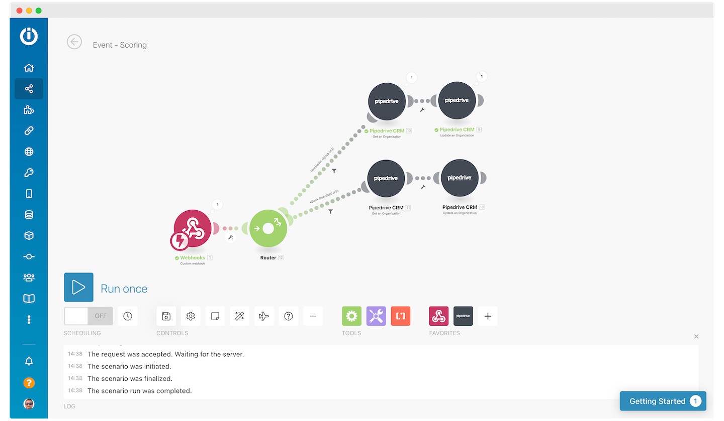 Screenshot of a lead scoring pipeline example in Make.com.