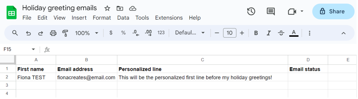 Google Sheet with email data and status column