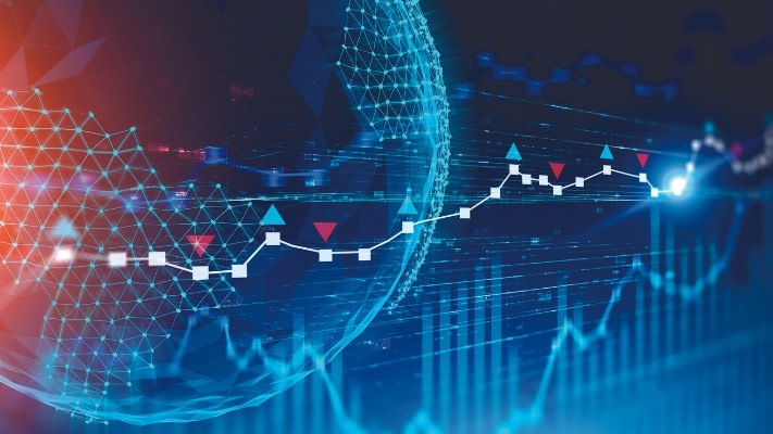 Data globe with a blue and orange hue. Contains charts and analytical data. 