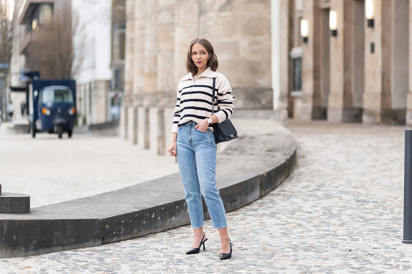 Streifen im Frühling stylen, Trendmuster, Streifen Pullover, Zip Knits, Slingpumps, Shoelove by Deichmann