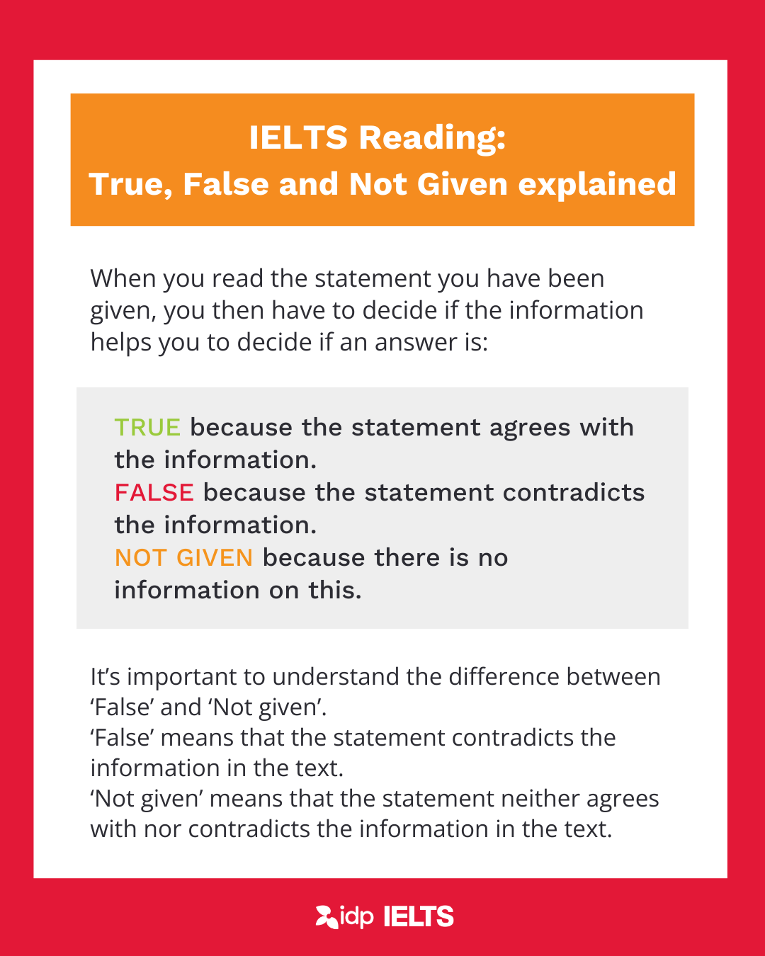 IELTS Reading True, False and Not Given explained - infographic