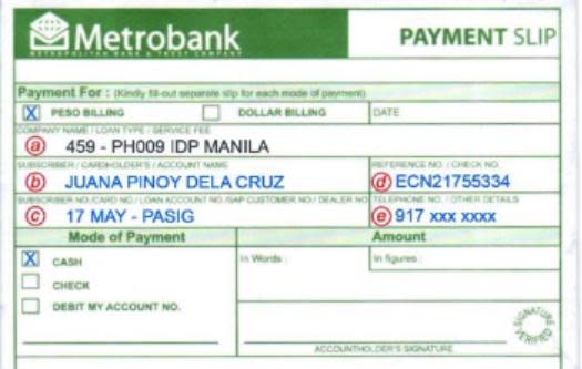 Sample over-the-counter Metrobank Payment - IELTS Test - PH