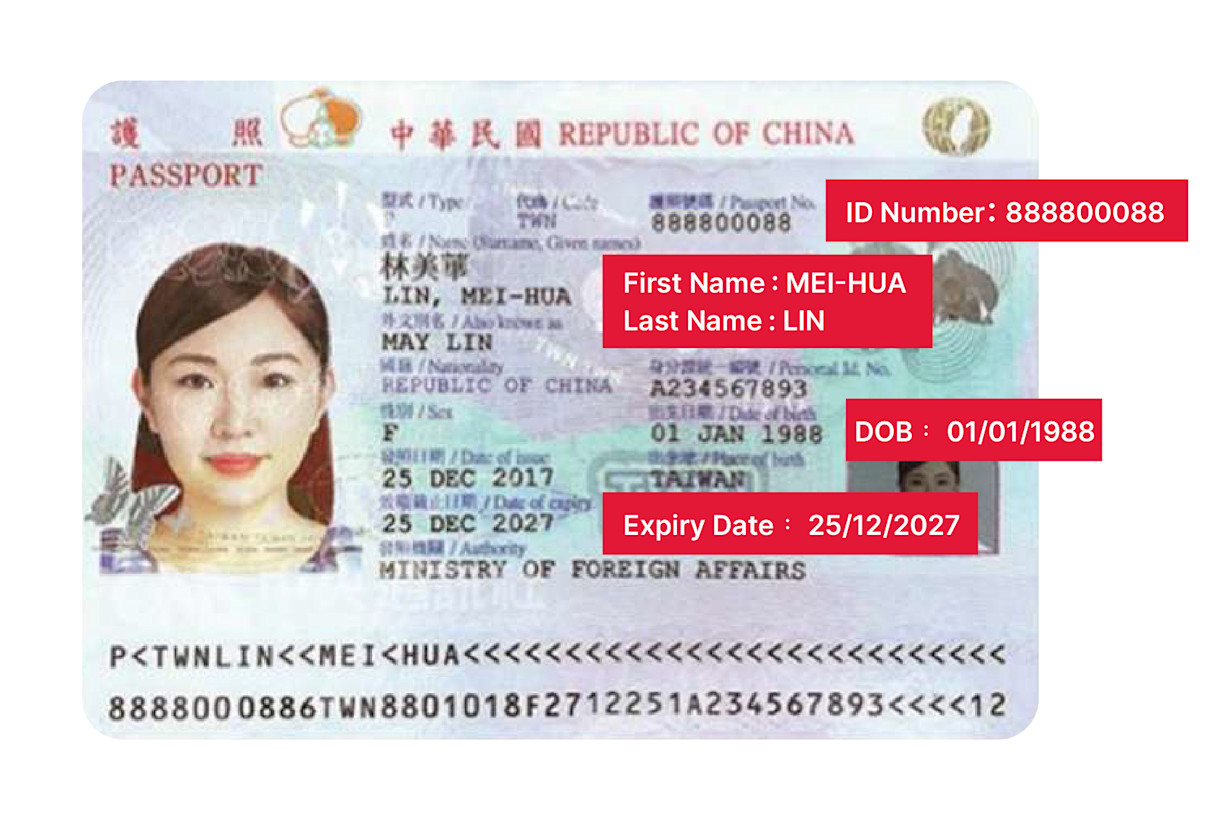 Sample Close view of a person’s ID card - Taiwan test dates