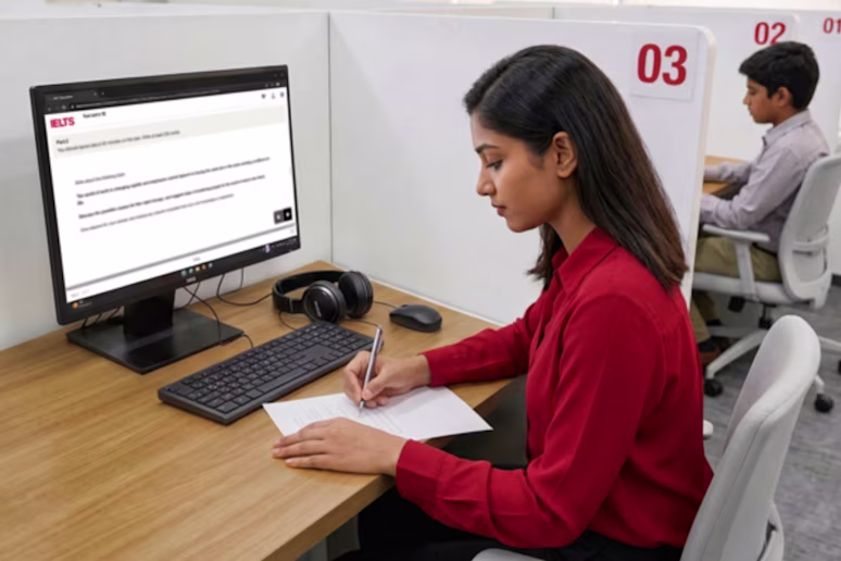 People taking the IELTS on Computer (Writing on Paper)