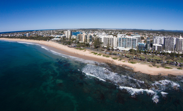 Aerial view of beachfront hotels on sunrise, Mooloolaba, Queensland, Australia