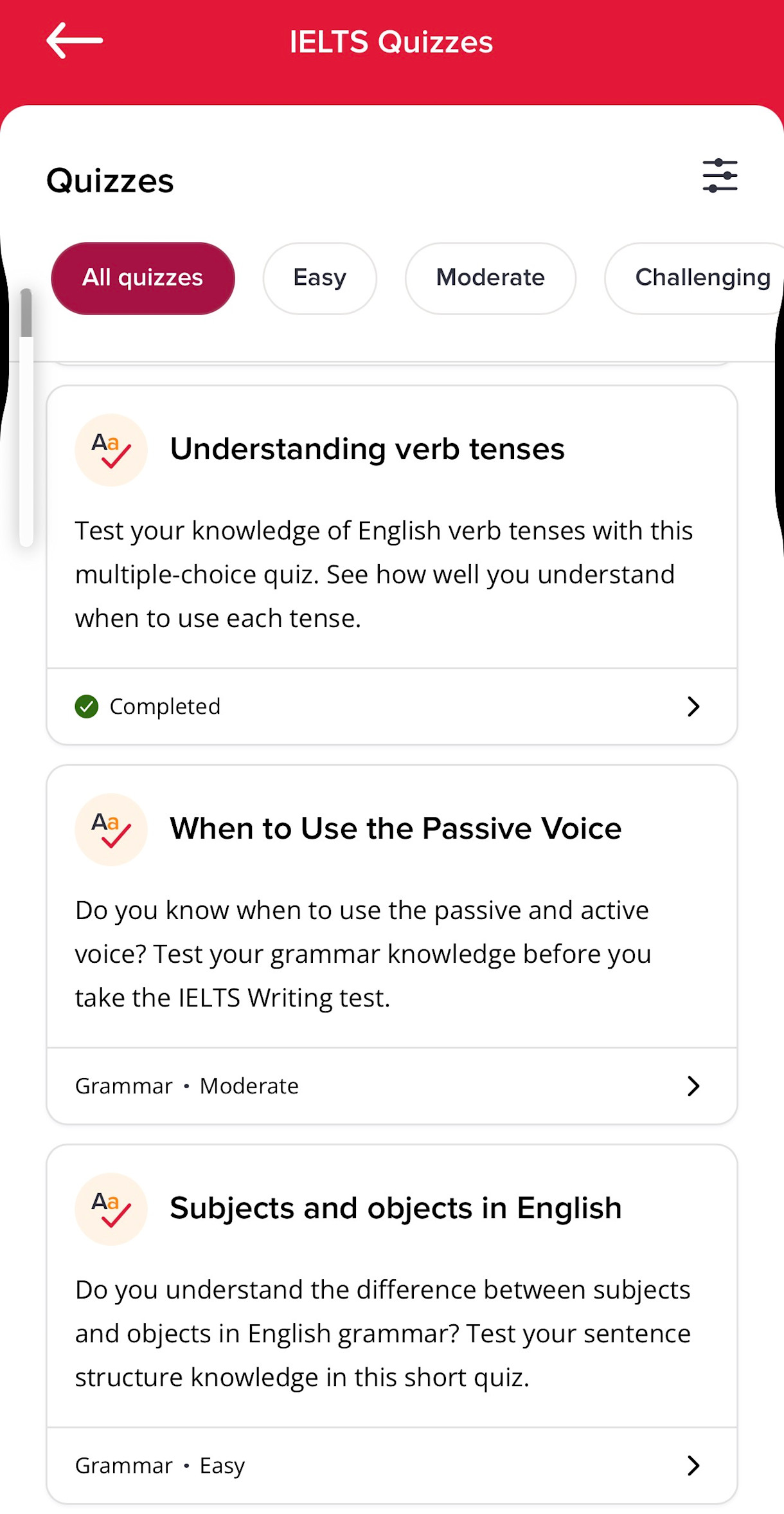 List of quizzes on the app screenshot 