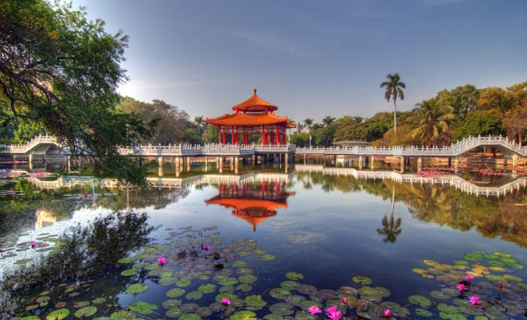 Chinese Pavilion Reflection on Lotus lake, Tainan Park, Taiwan