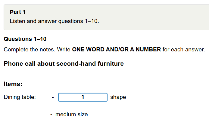 IELTS Listening note completion furniture question