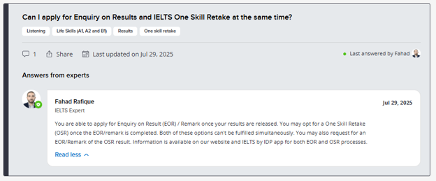 Can I apply for Enquiry on Results and IELTS One Skill Retake at the same time?