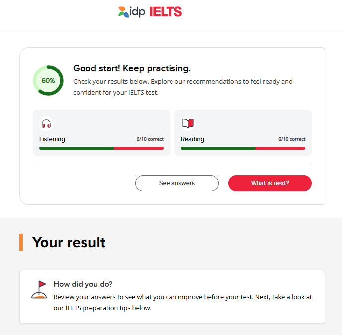 English self-assessment tool results page 