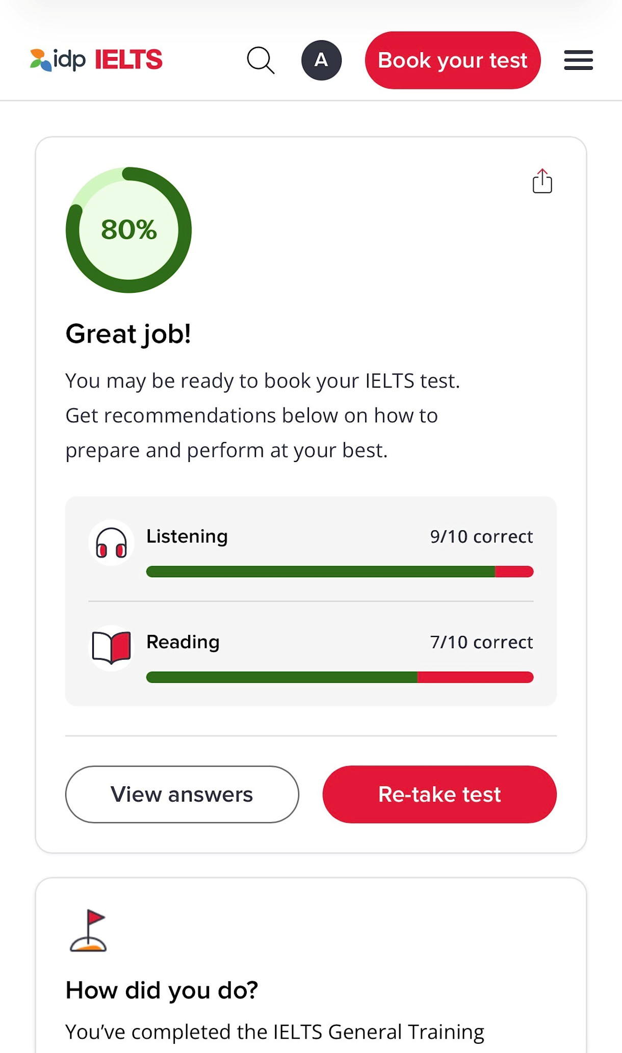 Screenshot - results screen English self-assessment tool - Global