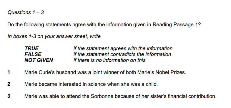 Image - Sample Reading question True False Not Given - Global