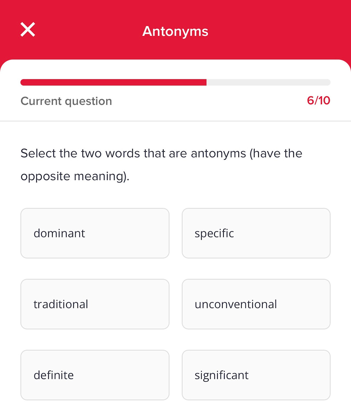 Antonyms quiz screenshot
