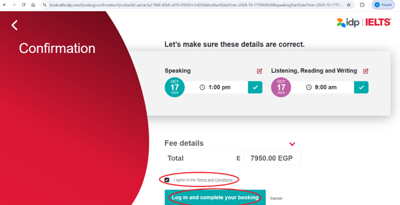 Click on “I agree to the Terms and Conditions”, then click on “Log in and complete your booking”.