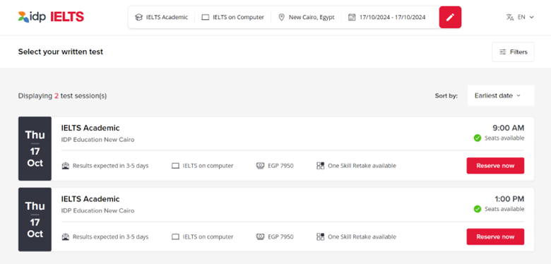 Select your written test (Listening, Reading and Writing parts of the test).