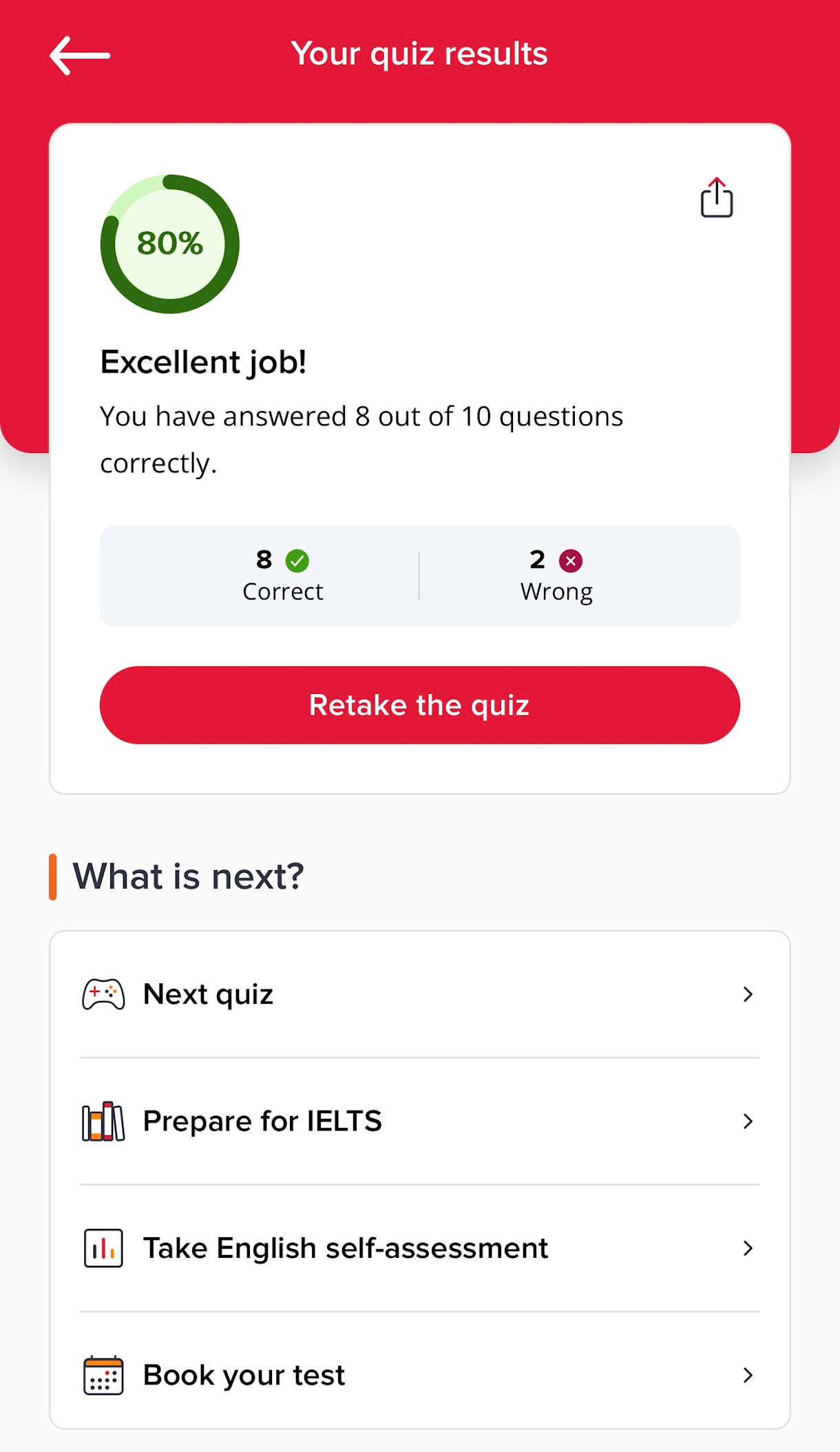 Quiz results on app screenshot