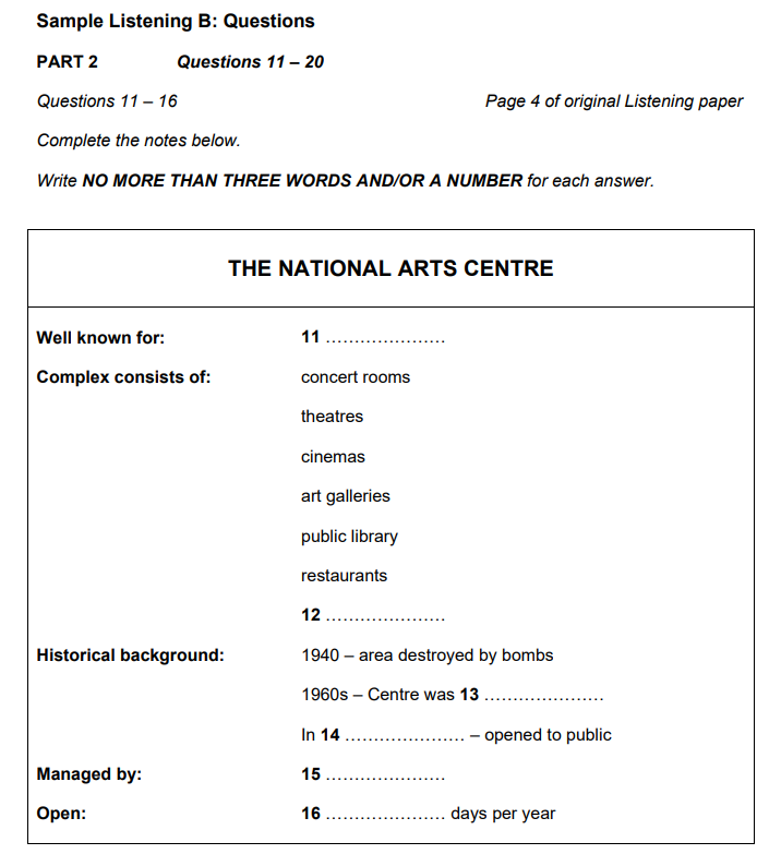 Image - IELTS Listening note completion National Arts Centre question