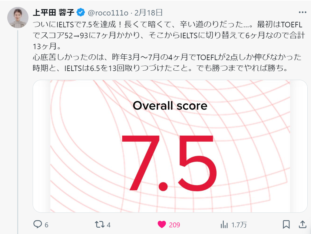 英語力ゼロから7.5を達成！スコア達成を信じて歩んだ上平田蓉子さんの400日