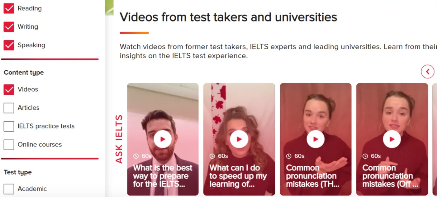 A snapshot of the video listing page on IELTS Prepare; Global