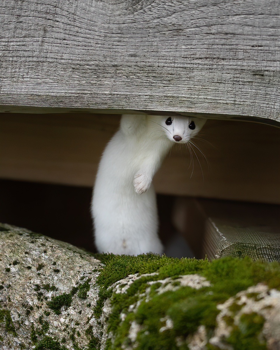 Stoat peeking from under the cabin