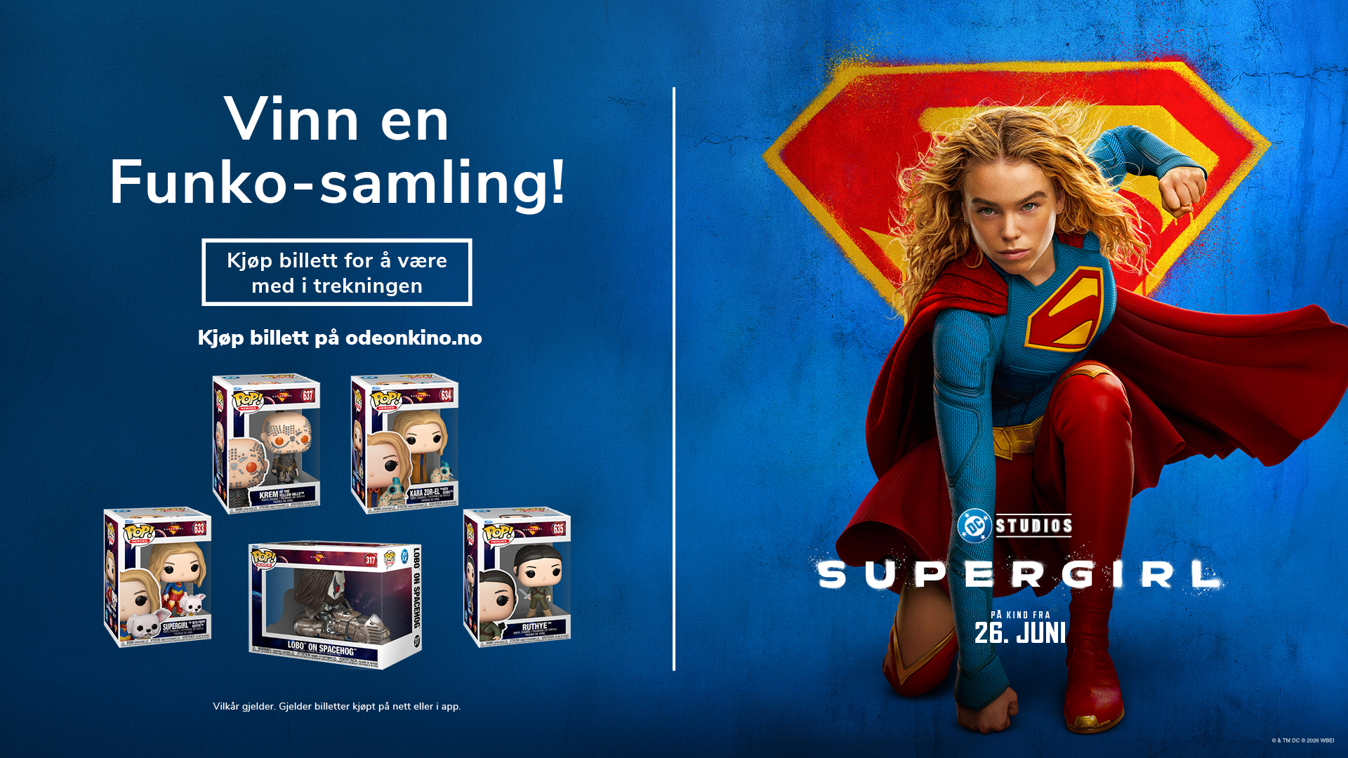 Copilot said: Supergirl-plakat med tekst om konkurranse: vinn Funko-samling ved kjøp av kinobillett, samt bilde av flere Funko-figurer.