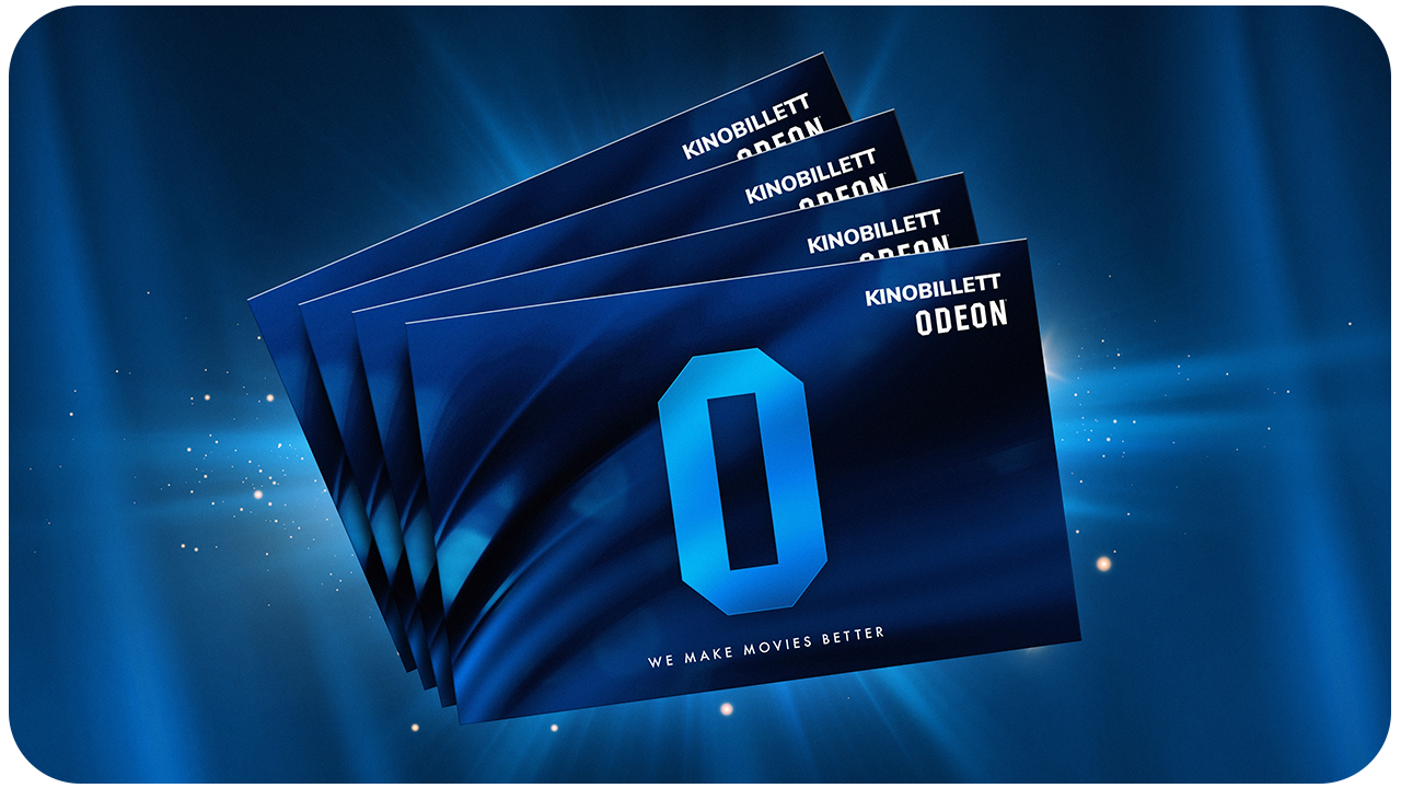 Bilde på fire kinobilletter fra ODEON Kino, på blå bakgrunn