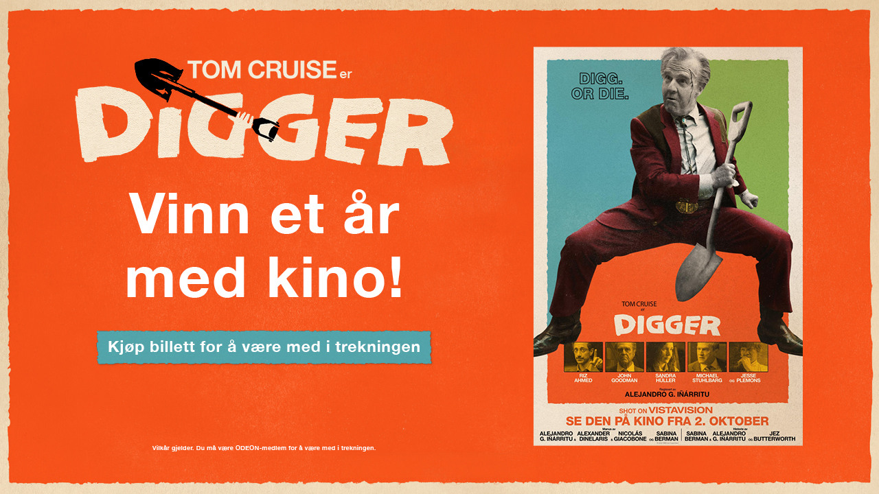 Kampanjeposter for filmen Digger på oransje bakgrunn. Teksten «Vinn et år med kino!» står sentralt i bildet. Til høyre vises filmplakaten for Digger med en person sittende på en spade. Nederst står teksten «Kjøp billetter for å være med i trekningen».